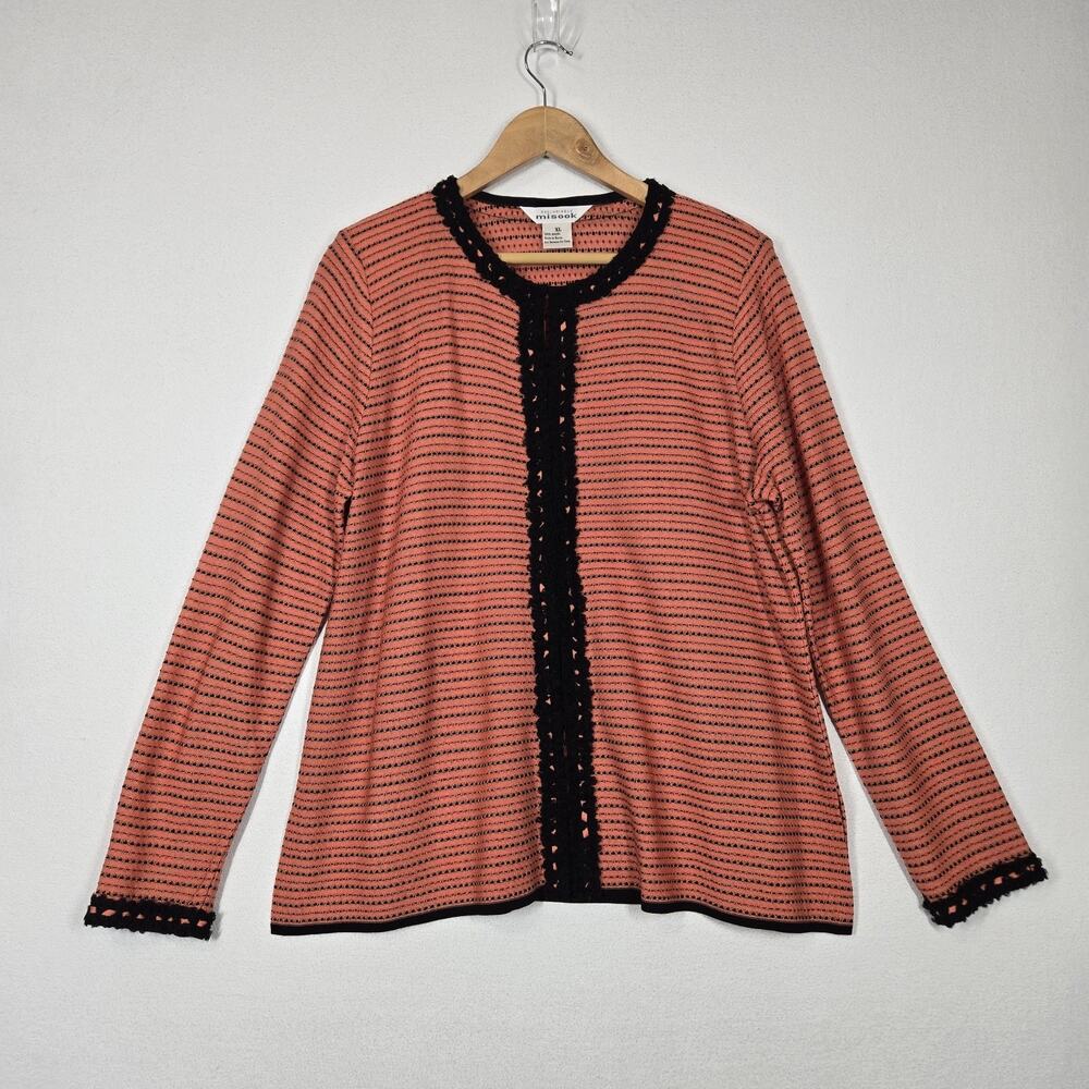 Misook Cardigan Jacket XL Coral Black Crochet Trim Knit Striped Side Slit Blazer